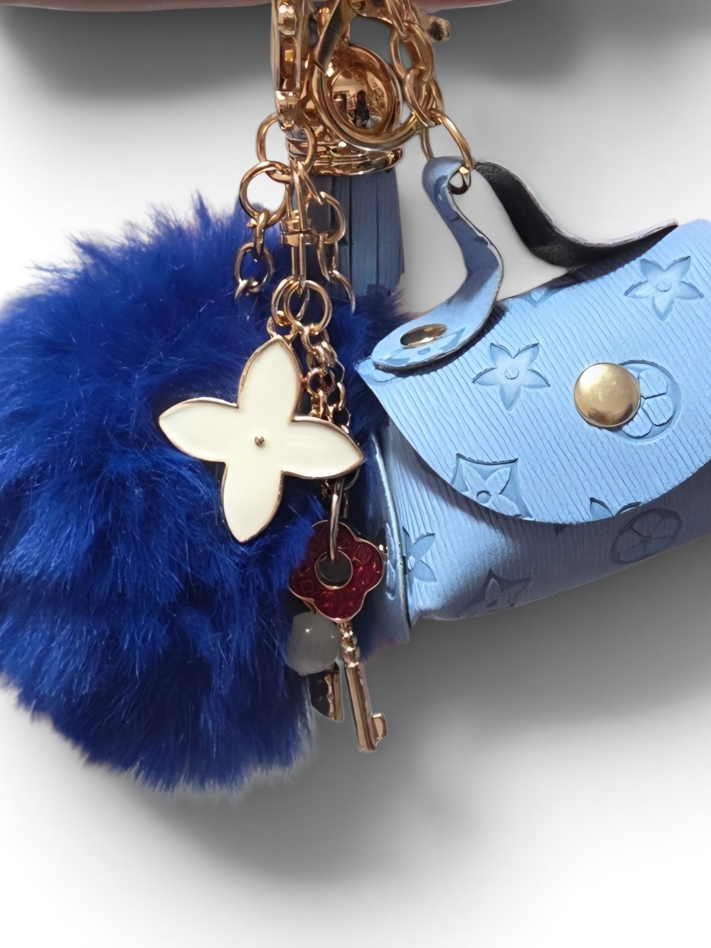 Light Blue Mini Purse Charm Keychain with Royal Blue Pom Pom